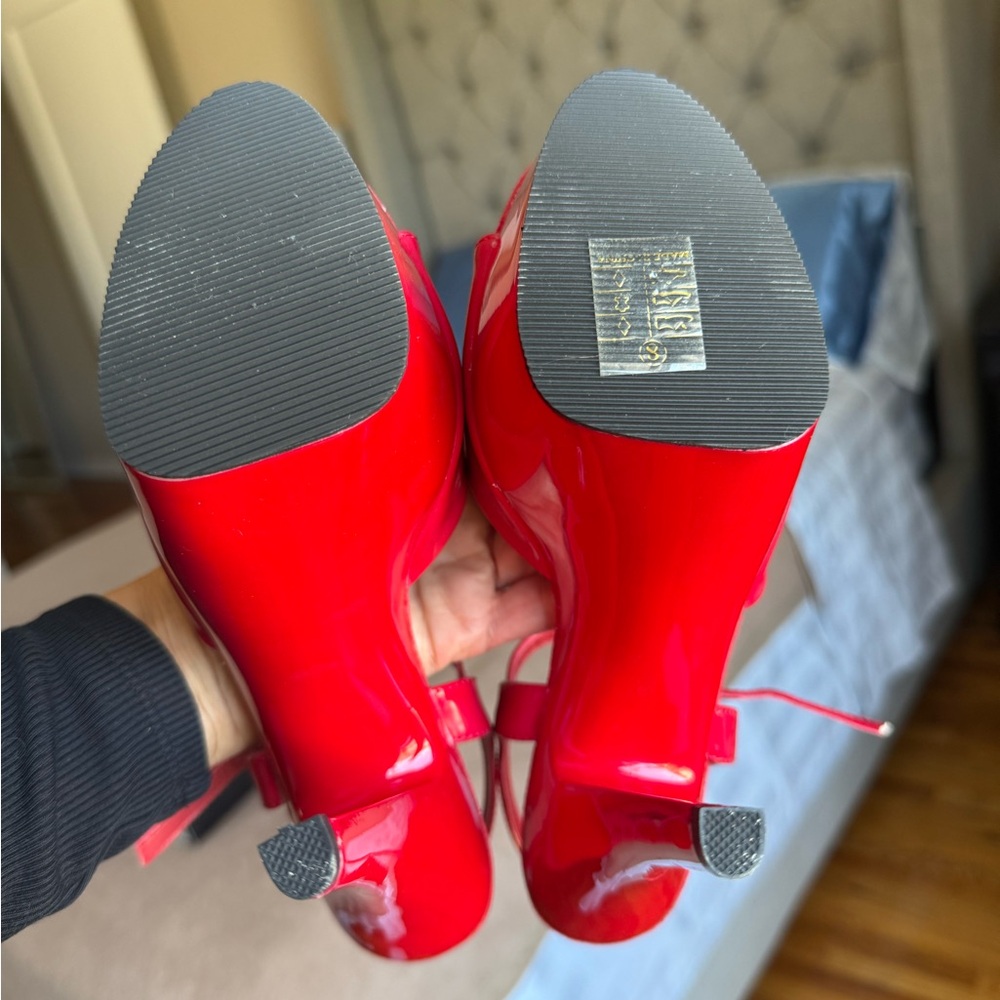 Like New Pleaser Red Platform Stilettos with Ankle Strap - Picture 3 of 6